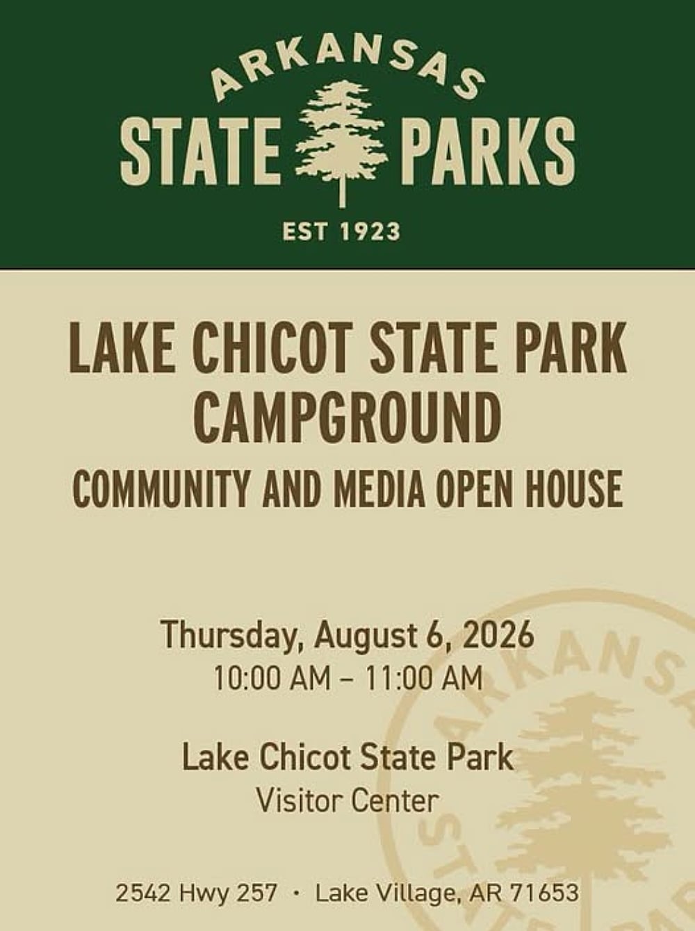 To showcase the upgrades, Arkansas State Parks will host a Community Open House on Thursday, Aug. 6, 2026, at 10:00 a.m. at Lake Chicot State Park in Lake Village.