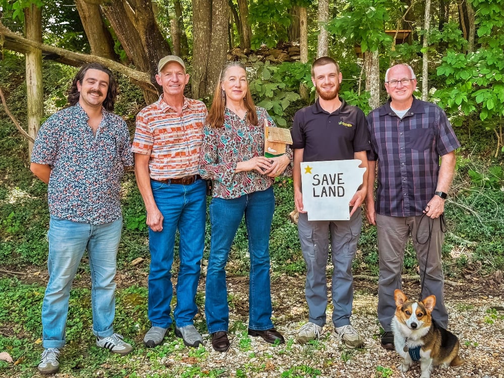 From left to right: Director of Land Protection Ben Speight, Landowner Bill Minter, Landowner Rebecca Livingston, Conservation Easement Manager Evan Johnson, Executive Director Grady Spann, Theo the good boy.