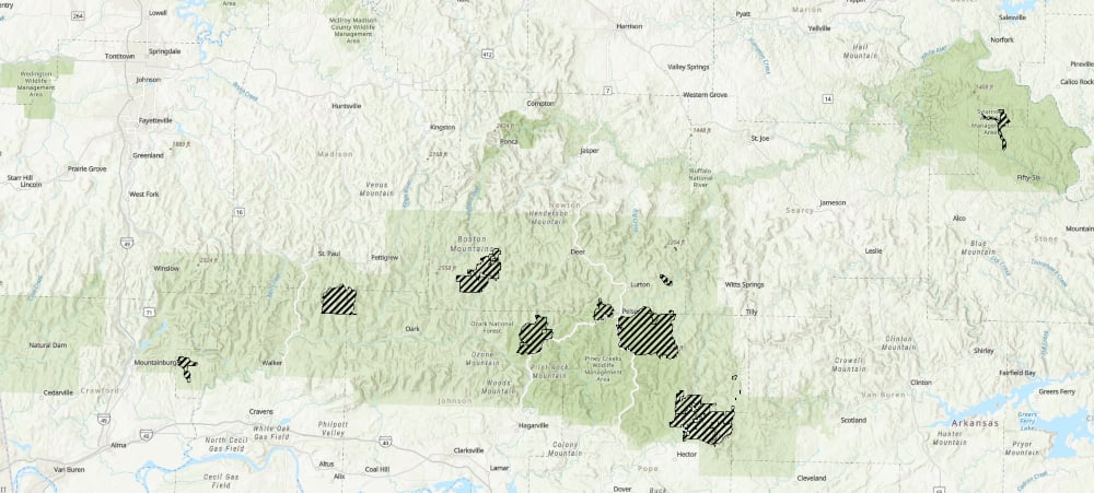 Ozark-St. Francis National Forest (Roadless sections are in Black Stripe)