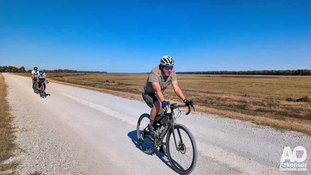 Riding a levee in the Arkansas Delta.
