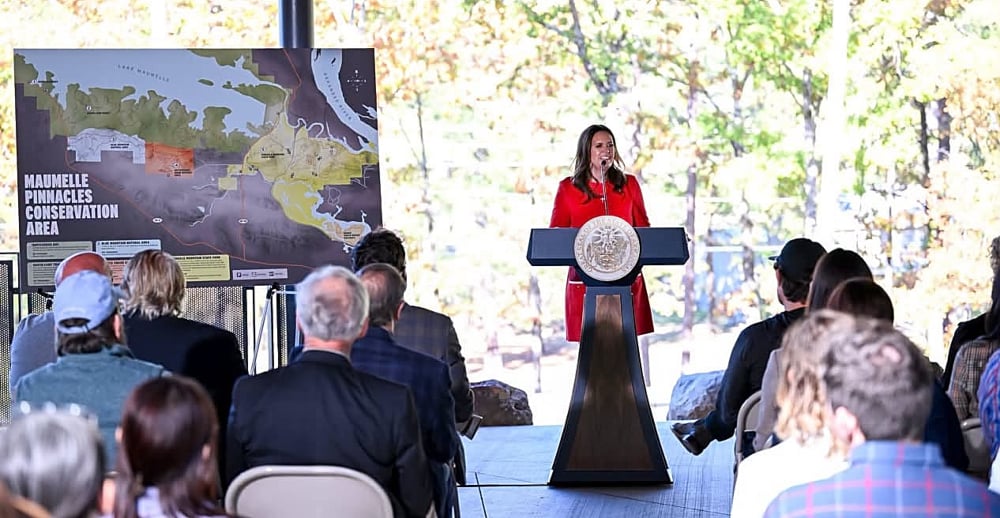 Governor Sanders speaking at the ribbon-cutting.