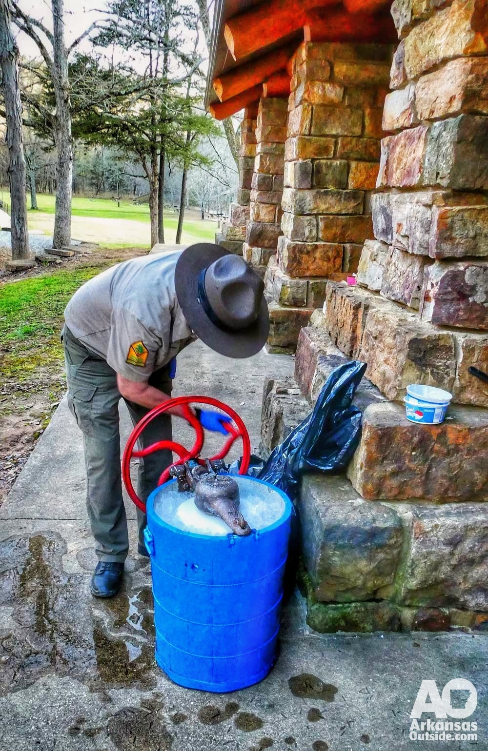 A staple of the Ozark Mountain Bike Festival, hand-churned ice cream. Tim taking his turn.