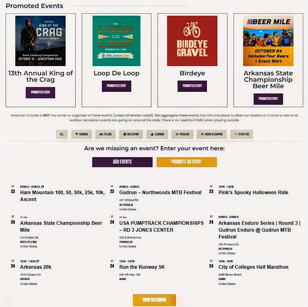 Current, main page listing including promoted and free event listings.